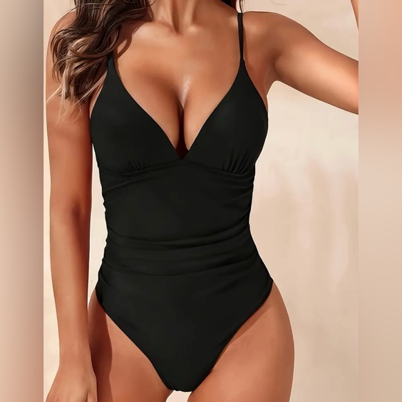 NEW Solid Black One Piece Swimsuit - Picture 1 of 4